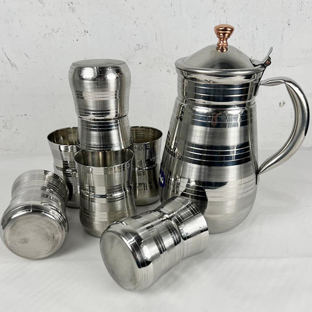 Stainless Steel Silver Touch Shiny Heavy Material Water Set (6 Glasses + 1 Jug)