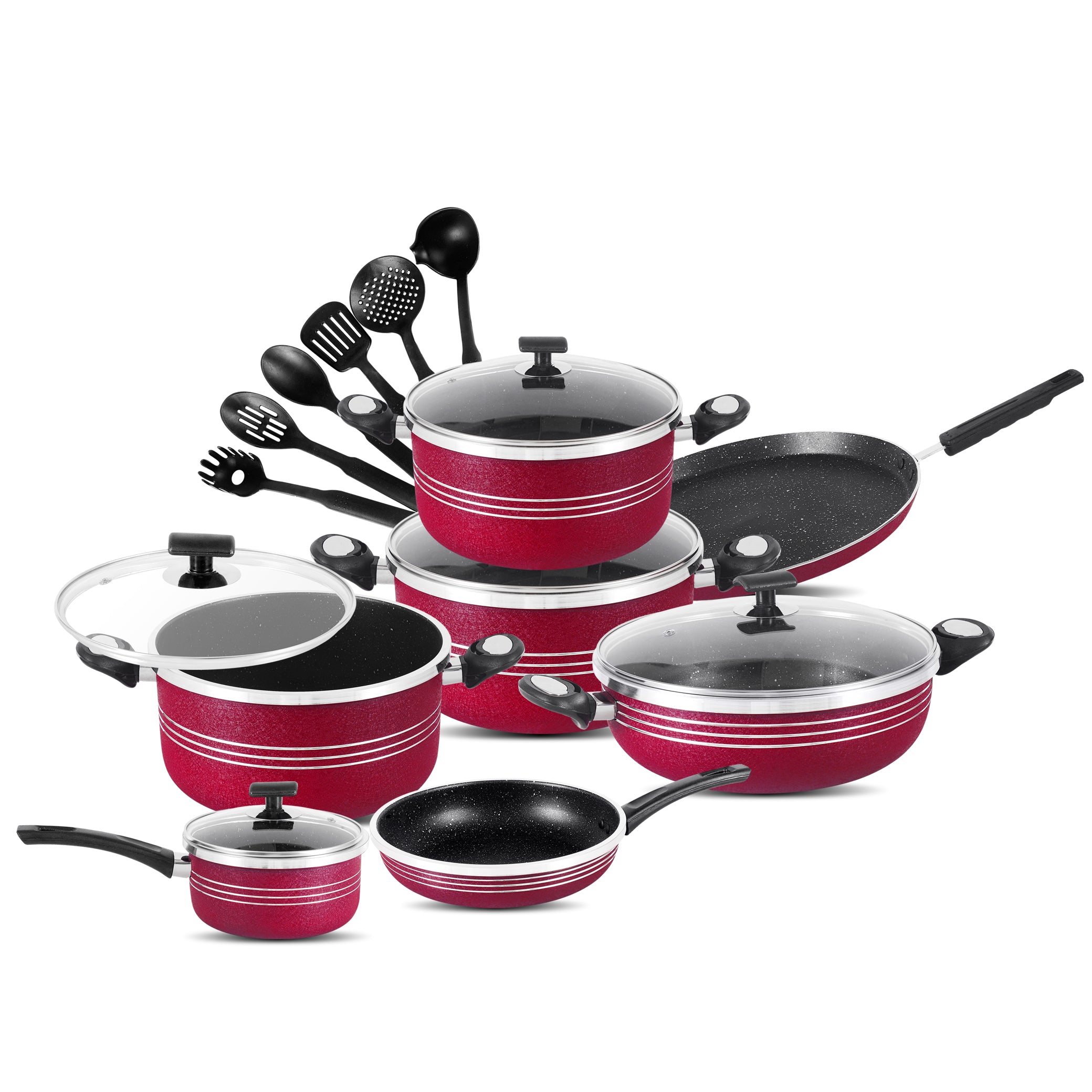 21 Pieces Non Stick Marble Coating Forging Gift Set - Maroon & Black