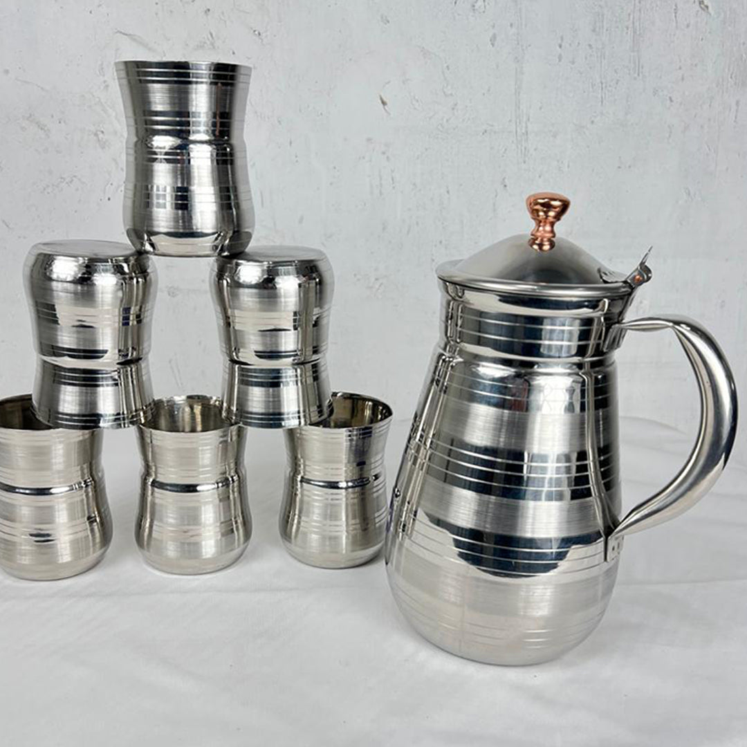 Stainless Steel Silver Touch Shiny Heavy Material Water Set (6 Glasses + 1 Jug)