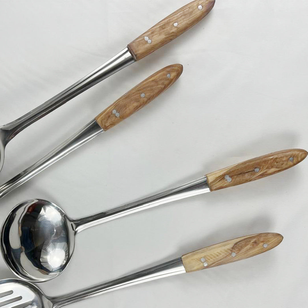 Set of 4 Pieces Stainless Steel Cooking Spoon with Wooden Handle