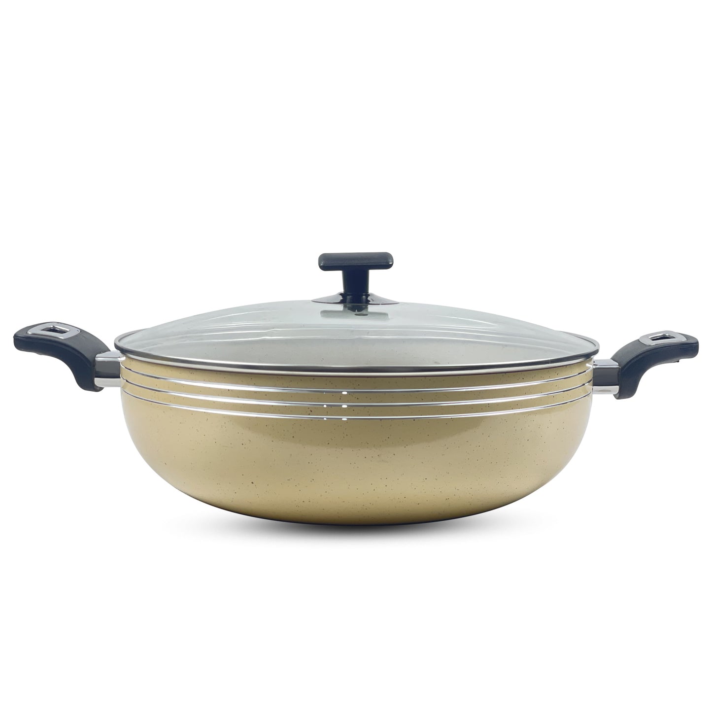Non Stick Marble Coating Classic Wok/Karahi with Glass Lid - Beige