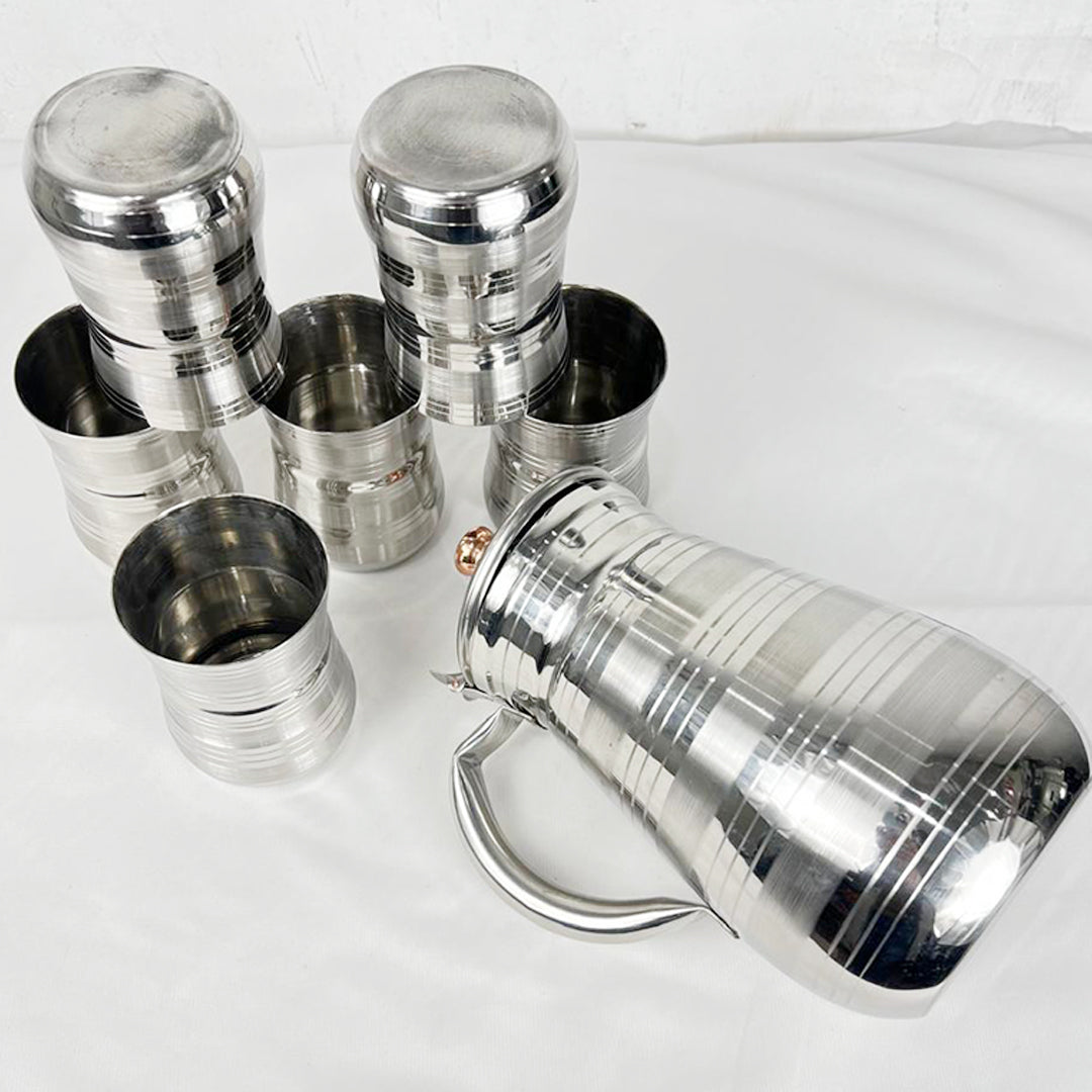 Stainless Steel Silver Touch Shiny Heavy Material Water Set (6 Glasses + 1 Jug)