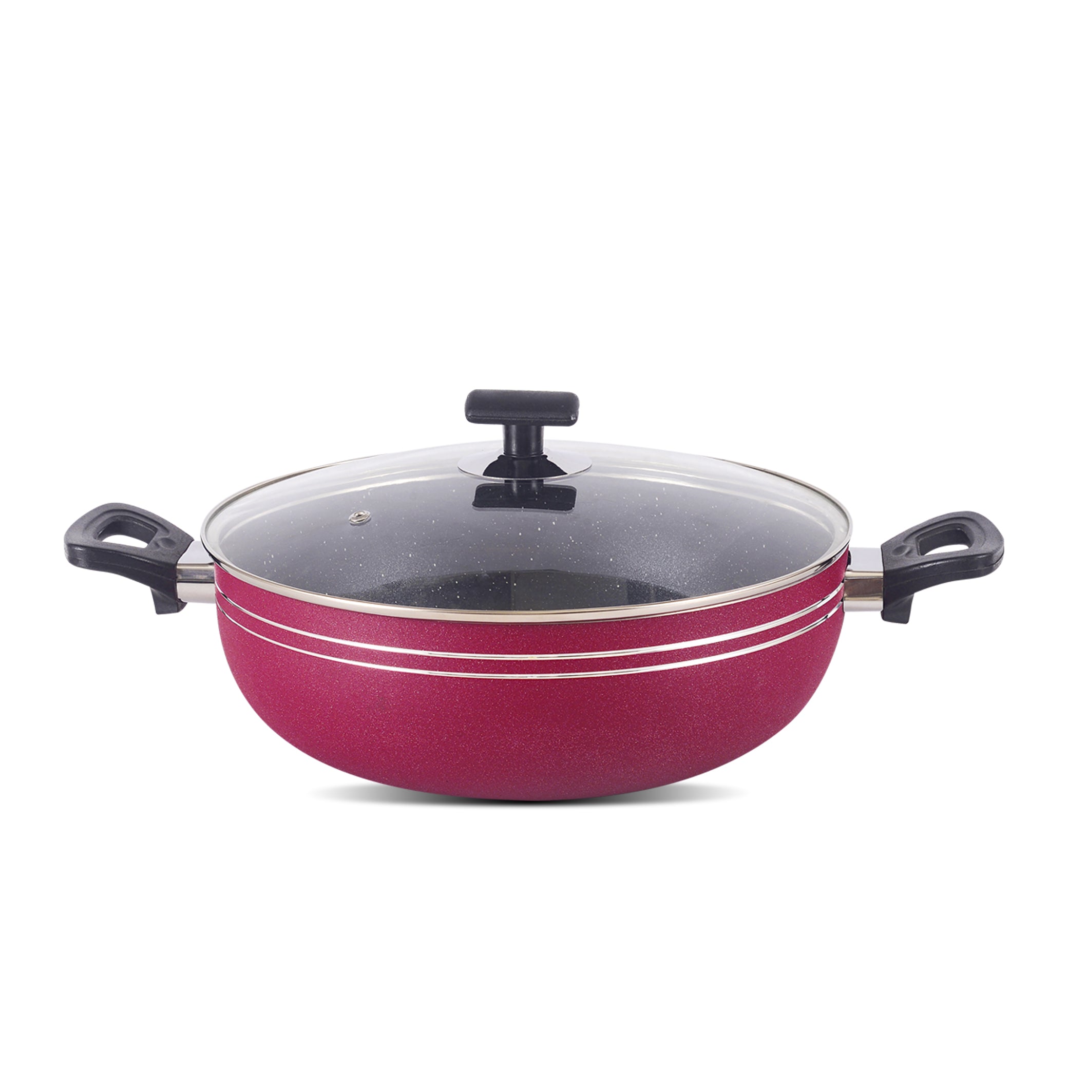 Non Stick Marble Coating Classic Wok/Karahi with Glass Lid - Maroon