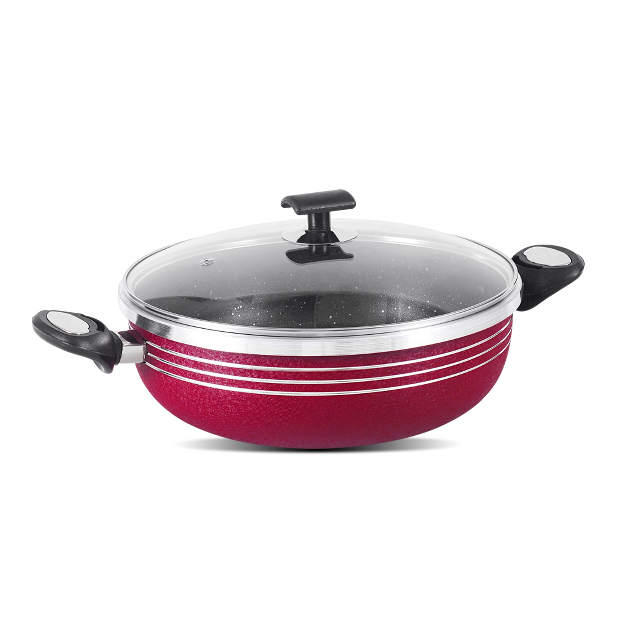 Non Stick Marble Coating Forging Wok/Karahi with Glass Lid - Maroon & Black