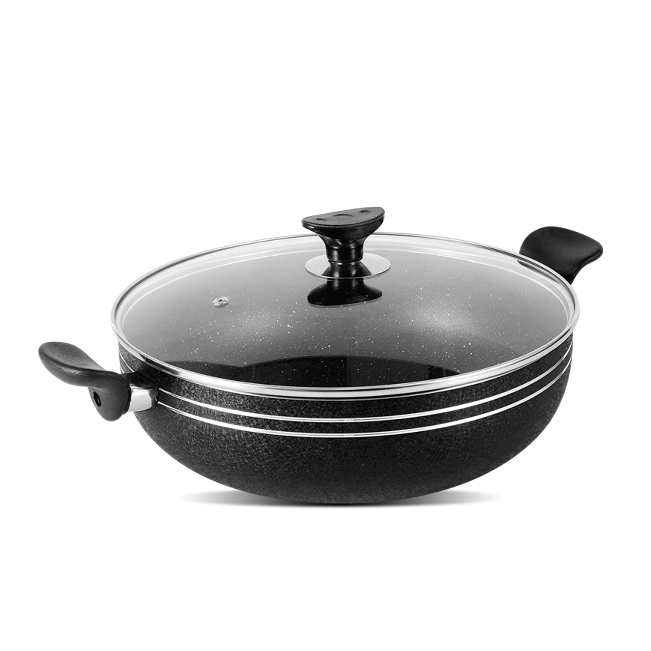 Non Stick Marble Coating Classic Wok/Karahi with Glass Lid - Black